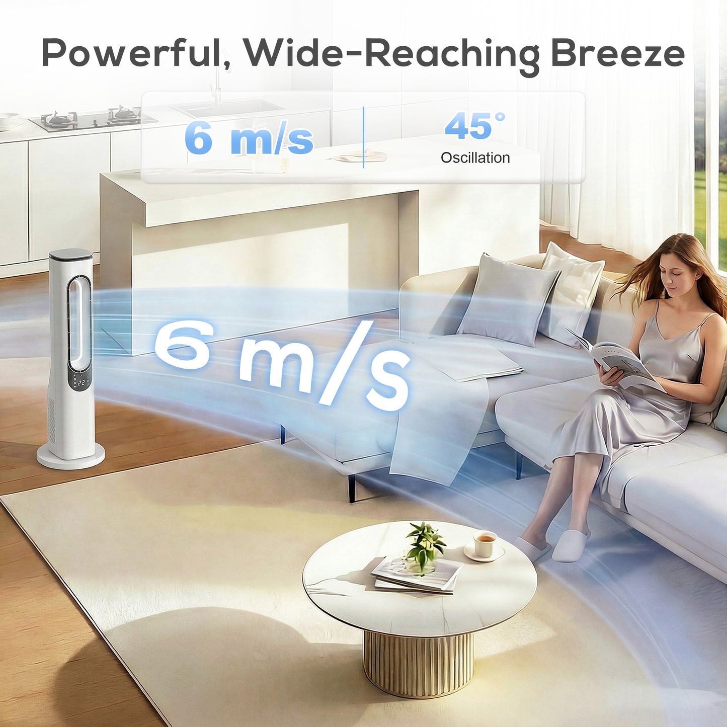 Bladeless Tower Fan for Bedroom, 35dB Standing Cooling Fan with Oscillating, LED Lights, 3 Speeds, 15H Timer, White