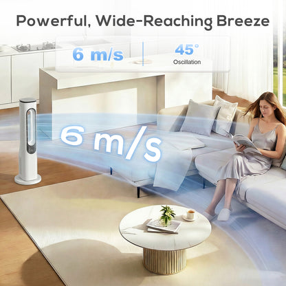 Bladeless Tower Fan for Bedroom, 35dB Standing Cooling Fan with Oscillating, LED Lights, 3 Speeds, 15H Timer, White