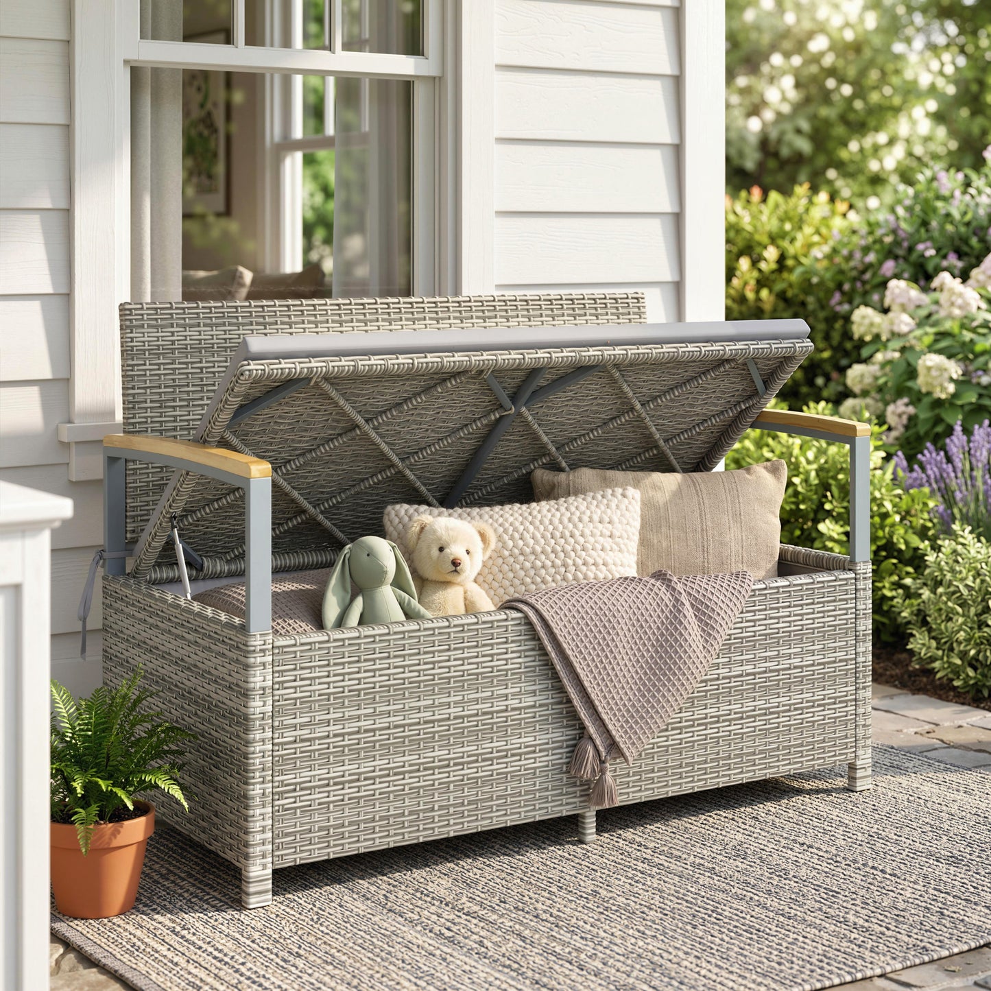 170 L Garden Storage Bench with Zipped Liner, 2 Seater Rattan Garden Bench with Storage, Gas Strut, Cushion, Light Grey