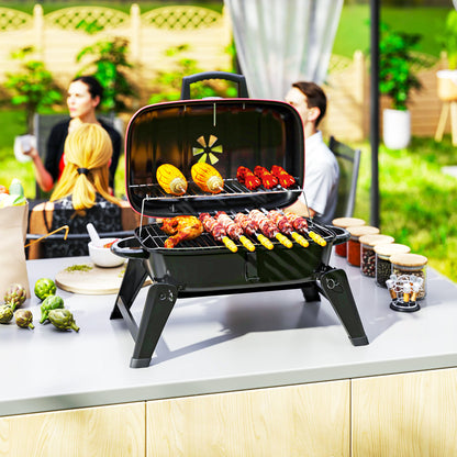 Charcoal Barbecue Grill Folding Portable BBQ Grill for Camping with 1232 cm² Cooking Area, Adjustable Vent, Thermometer