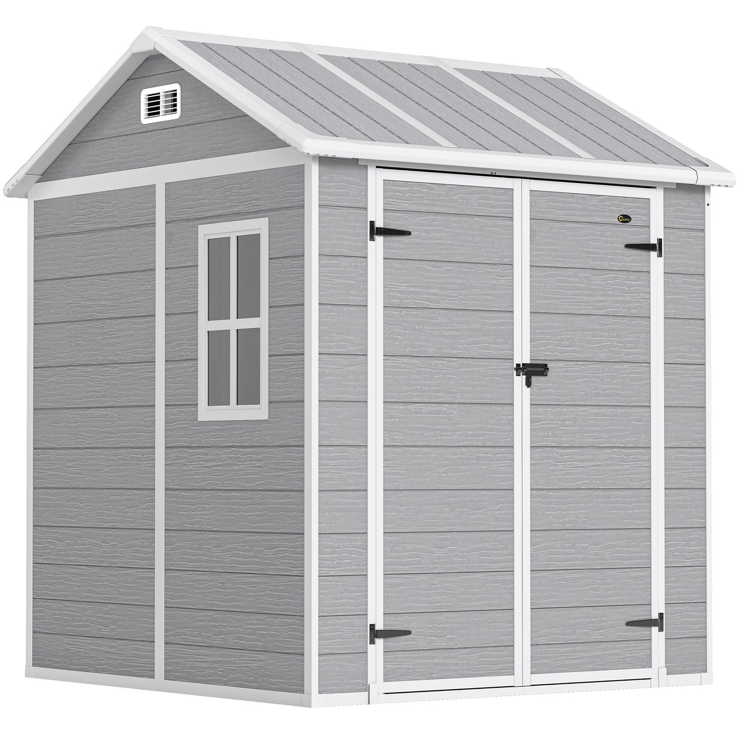 6 x 6ft Garden Shed with Floor, Window, Lockable Doors and Vents, Wood Effect Resin Tool Shed for Outdoor Patio, Grey