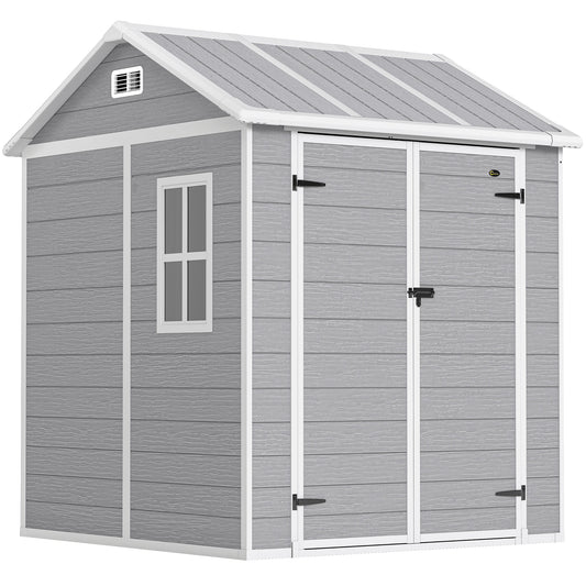 6 x 6ft Garden Shed with Floor, Window, Lockable Doors and Vents, Wood Effect Resin Tool Shed for Outdoor Patio, Grey