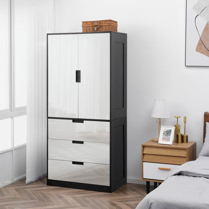 2 Door Wardrobe, Modern Wardrobe with 3 Drawers and Hanging Rod for Bedroom, High Gloss White