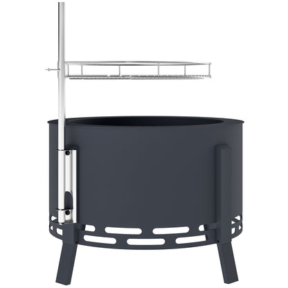 Portable Fire Pit, 58 cm Round Firepit with Grill Grate, Fire Bowl with Ash Catcher and Poker