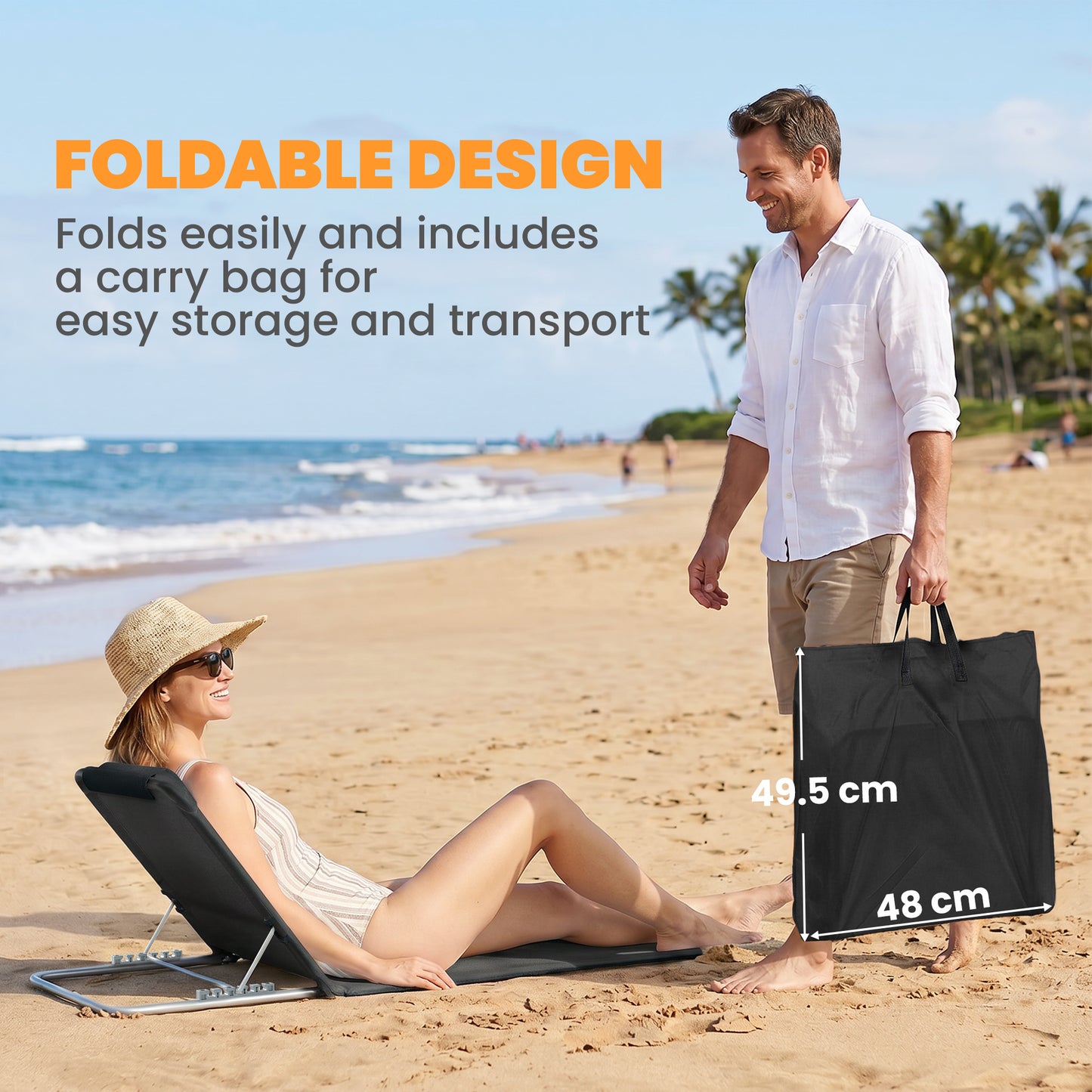 Set of 2 Foldable Garden Beach Chair Mat Lightweight Outdoor Sun Lounger Seats Adjustable Back Metal Frame PE Fabric Head Pil