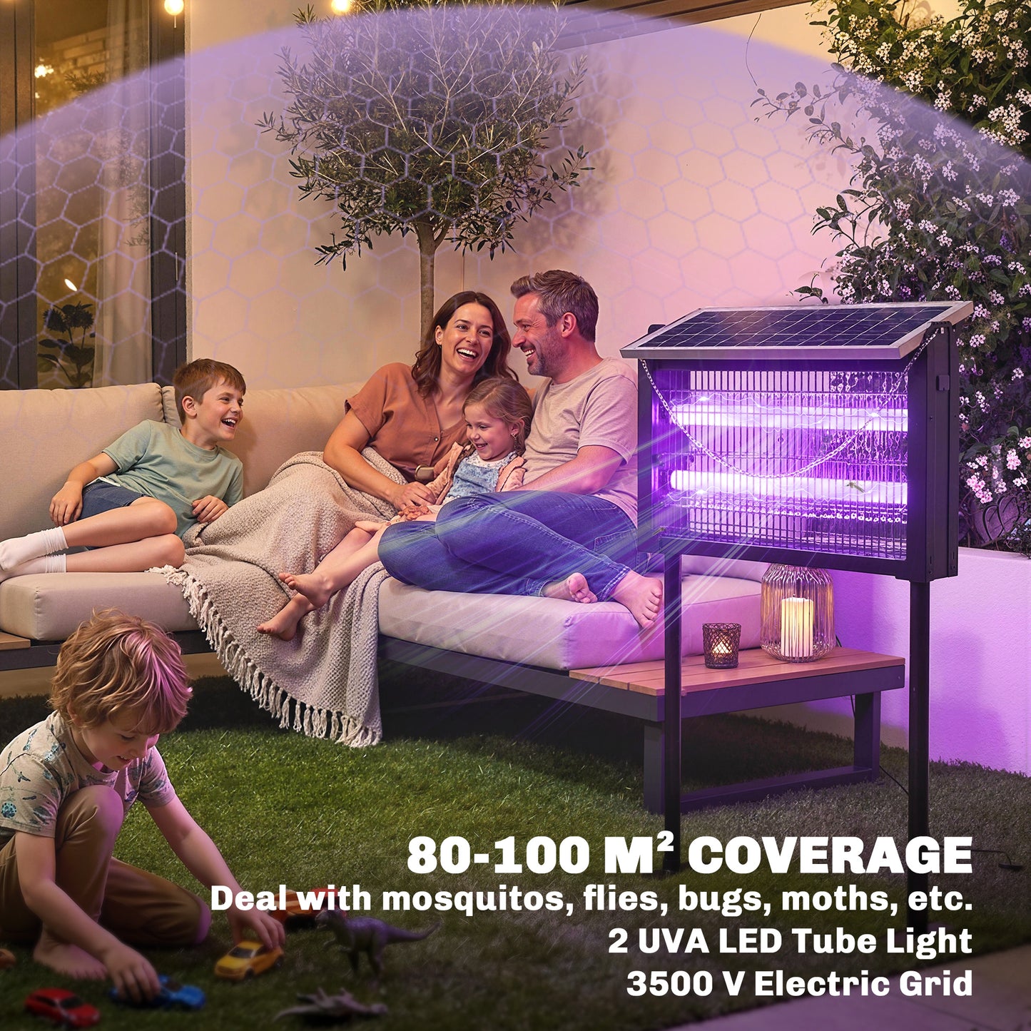 Solar Bug Zapper Outdoor, 3500 V Electric Mosquito Fly Zapper with 4.3 m Cord, Dusk-to-Dawn Control, Black