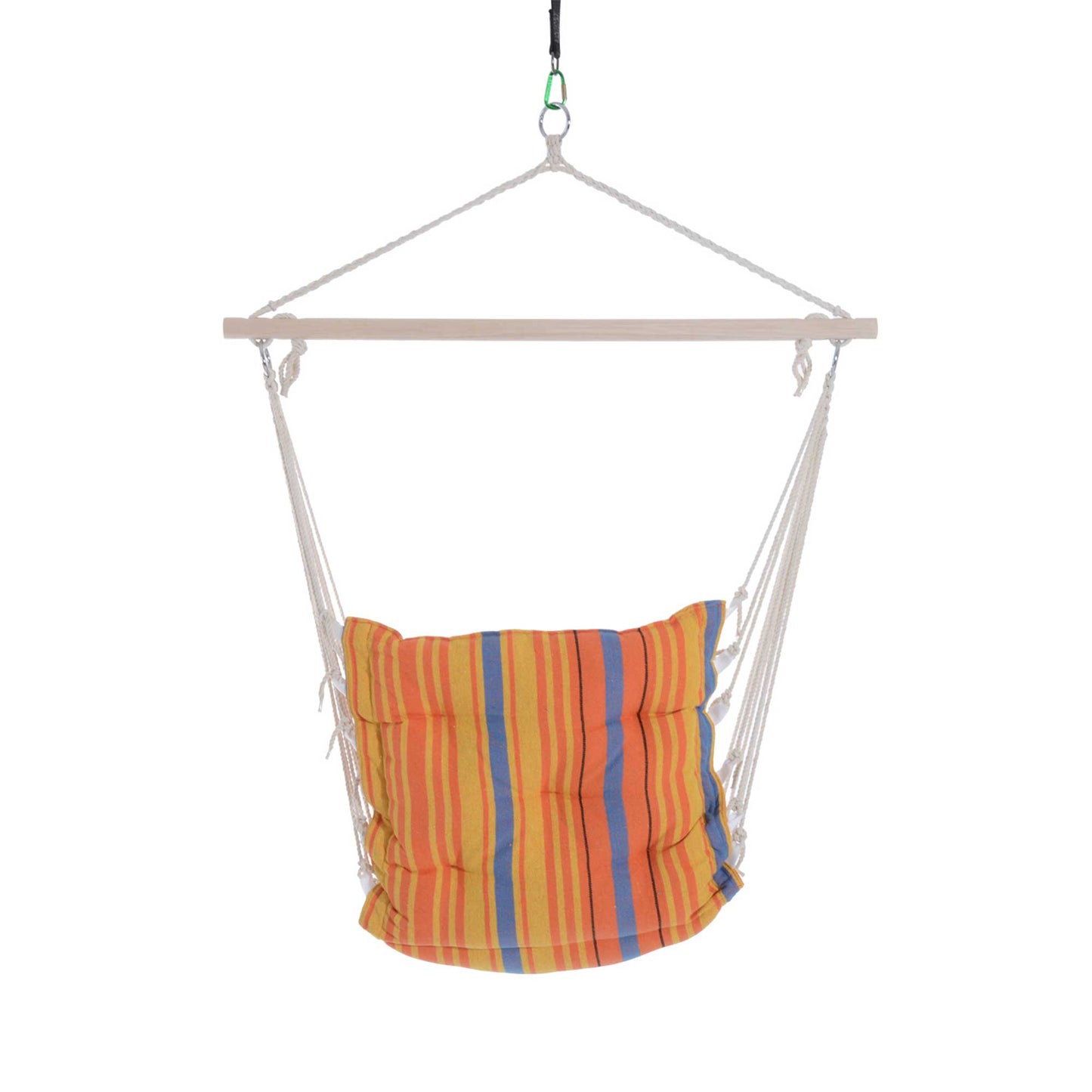 Outdoor Hanging Rope Chair with Soft Padded Seat & Backrest, Garden Hammock Chair with Wooden Support Bar Cotton Cloth