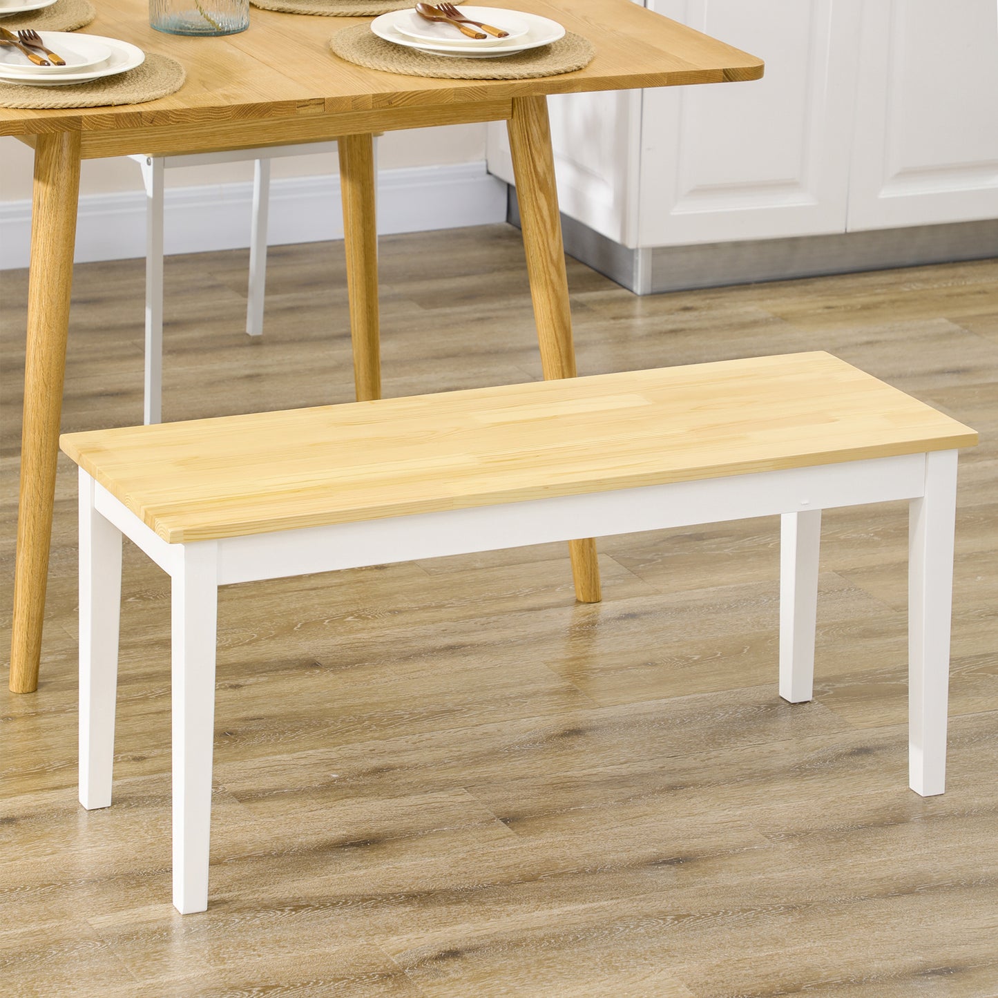 102 cm Wood Dining Bench for 2 People, Wooden Bench for Kitchen, Dining Room, Entryway, White