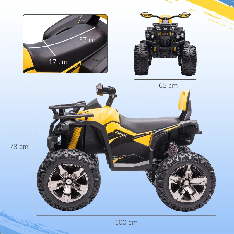 12V Quad Bike ATV with LED Lights, Music, Backrest - Yellow