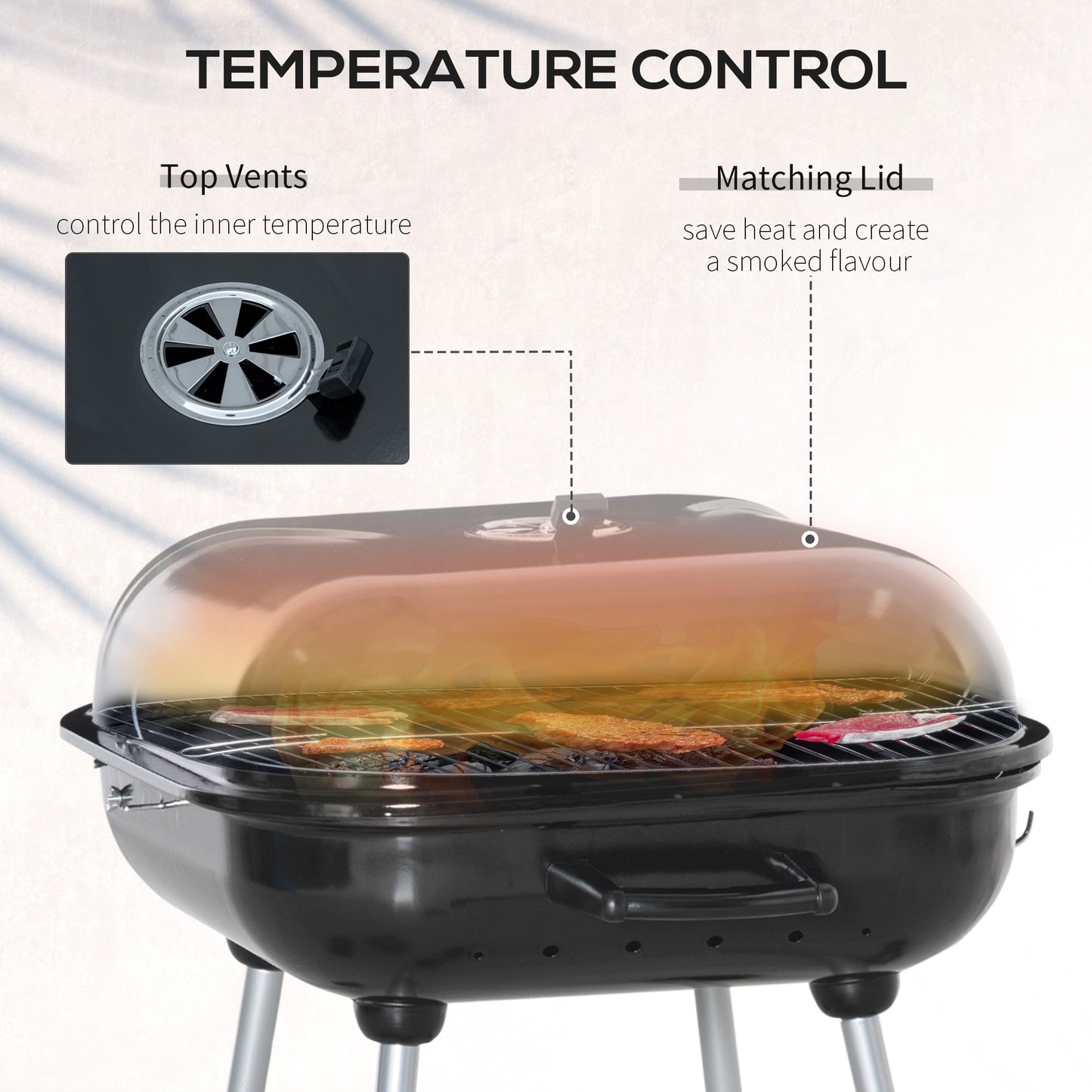 Portable BBQ Charcoal Grill with 2 Wheels and Cooking Utensils, Smoker Grill with Lid for Outdoor Barbecues, Camping, Picnic