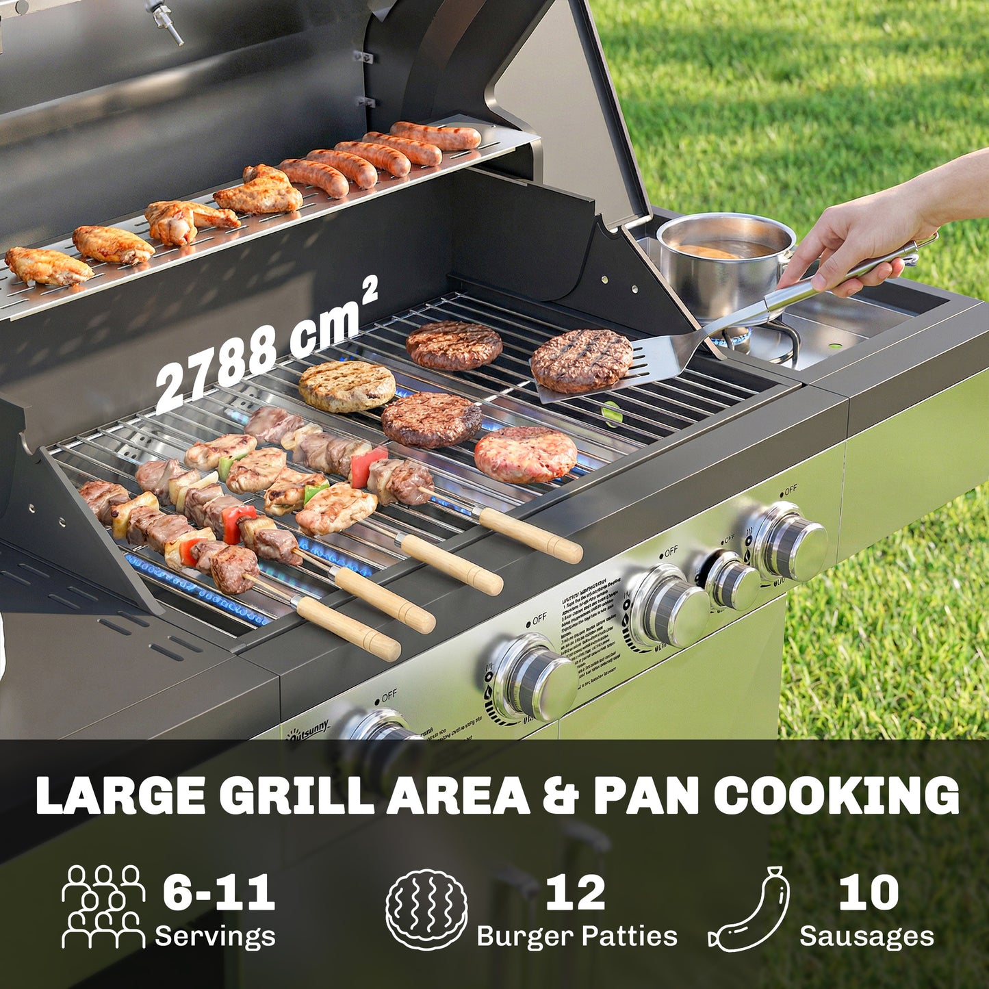 4+1 Burner Gas BBQ Grill, Portable Gas Barbecue Grill with Side Burner, Warming Rack, Side Shelf, Storage Cabinet