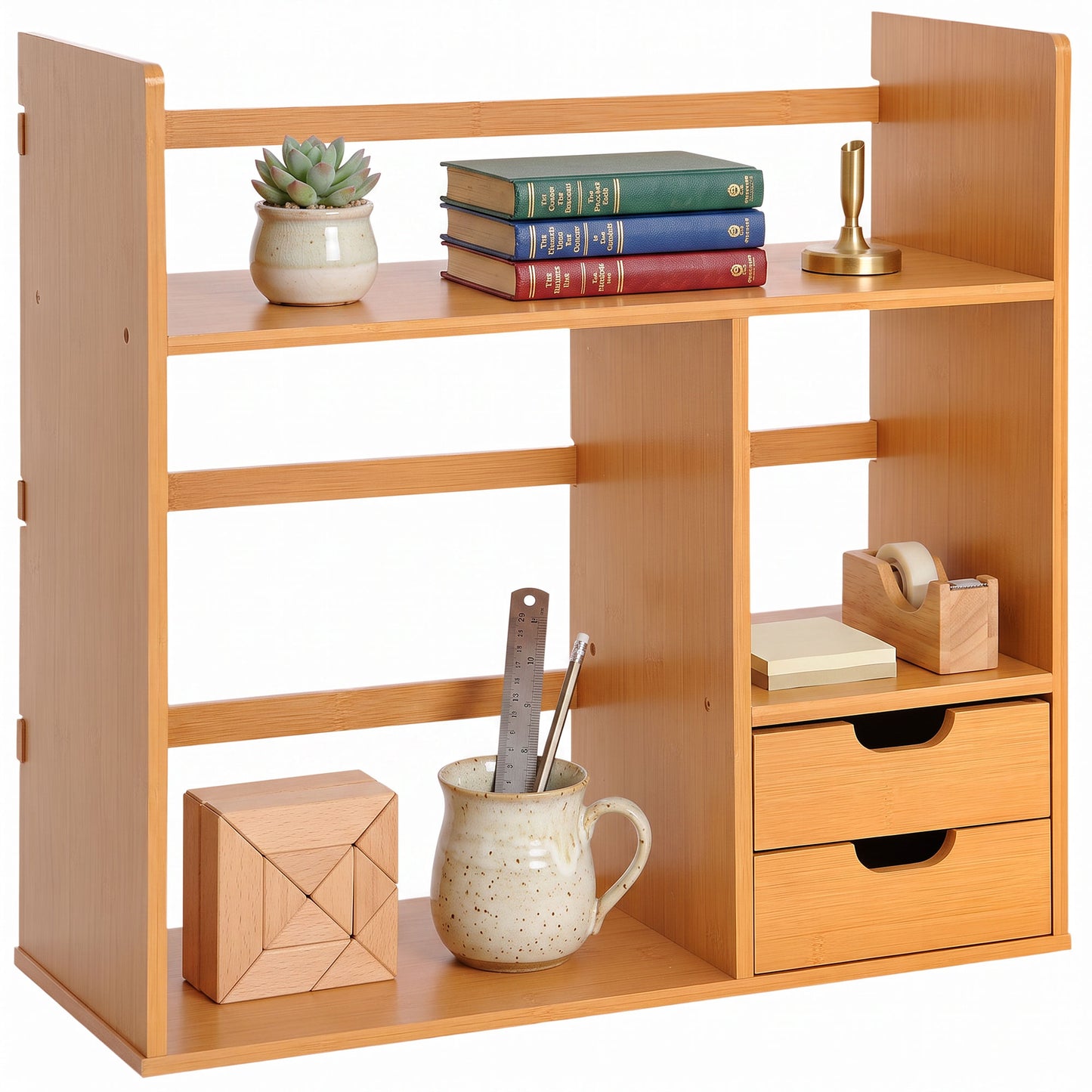 Desk Organiser Compartments Desktop Bookshelf Stationery Storage Shelf Document File Holder with 2 Drawers 2-way Reversed Use