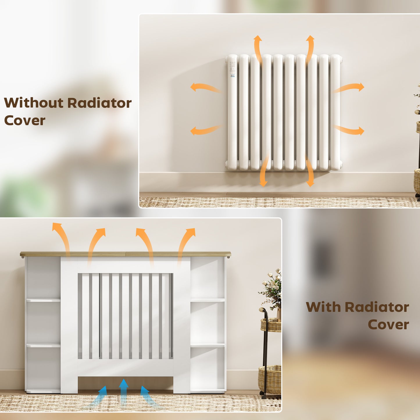Radiator Cover with Open Storage Shelves, Vertical Slatted Cabinet Shelf Heater Cover for Living Room, Hallway, Medium, White