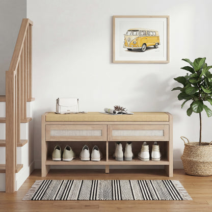 Boho Shoe Bench with 2 Rattan Drawers, Shoe Storage Bench with Cushioned Seat and Open Shelf Oak Wood Effect