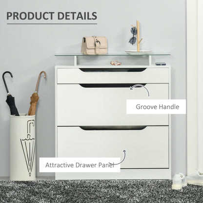 Shoe Storage Cabinet with Slide Out Drawer, 2 Flip Doors, Tempered Glass Top - White