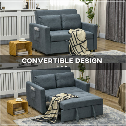 Loveseat Sofa Bed, Convertible Bed Settee with 2 Pillows, Side Pockets, Charcoal Grey