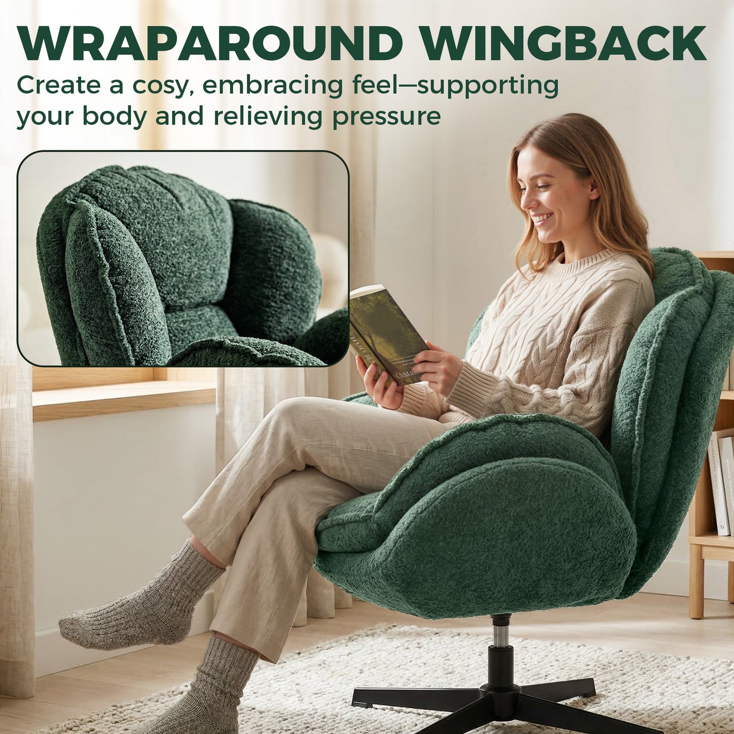 Modern Wingback Accent Chair, Velvet Armchair with Four-Star Base, S-Springs, Swivel, Dark Green