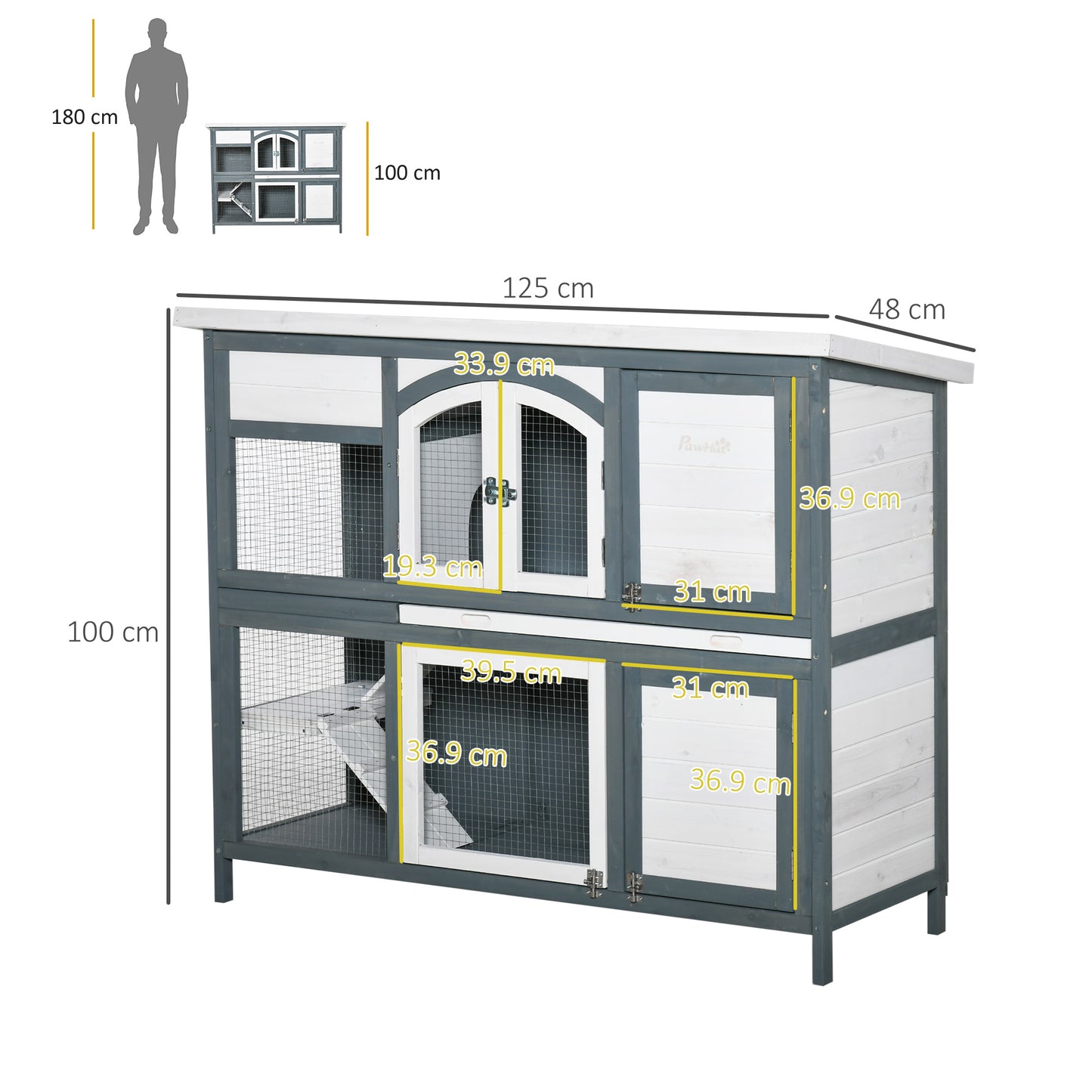 Rabbit Hutch Outdoor Guinea Pig Hutch 2 Tier Wooden Cage w/ Ramp, Divider, Openable Roof, 125 x 48 x 100cm - Grey