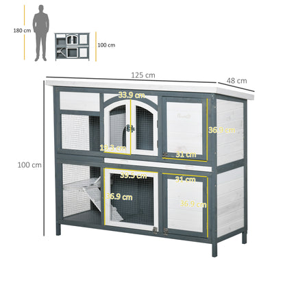 Rabbit Hutch Outdoor Guinea Pig Hutch 2 Tier Wooden Cage w/ Ramp, Divider, Openable Roof, 125 x 48 x 100cm - Grey