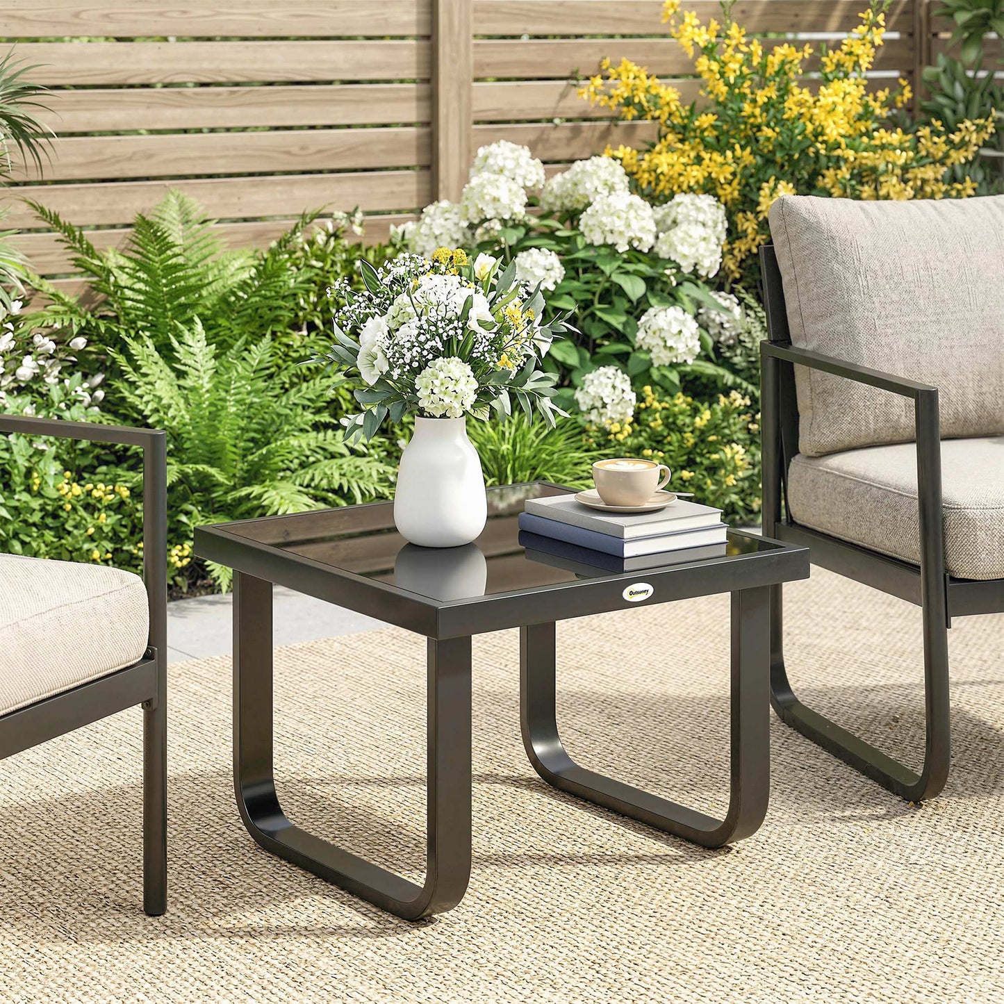 Outdoor Garden Coffee Table, Rectangle Metal Side Table with Tempered Glass Tabletop, Adjustable Foot Pads
