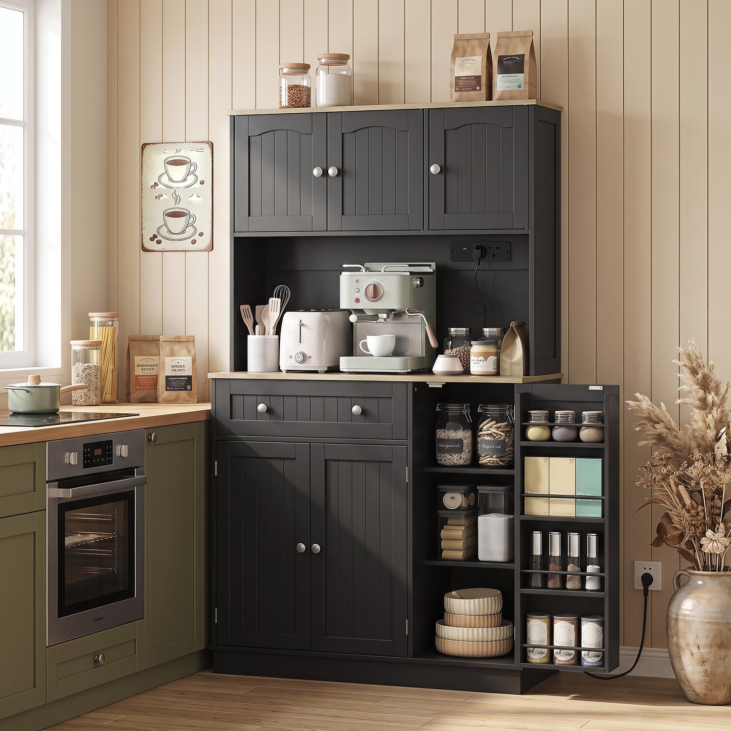 173 cm Tall Kitchen Cupboard with Charging Station, Pantry Storage Cabinet with Adjustable Shelves and 4 Door Racks