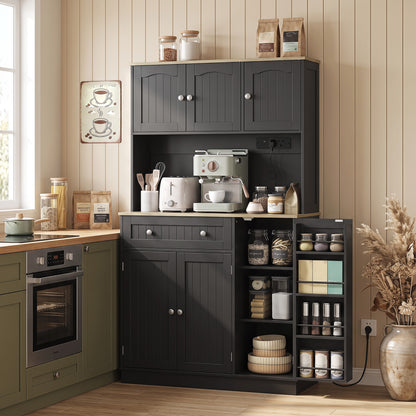 173 cm Tall Kitchen Cupboard with Charging Station, Pantry Storage Cabinet with Adjustable Shelves and 4 Door Racks
