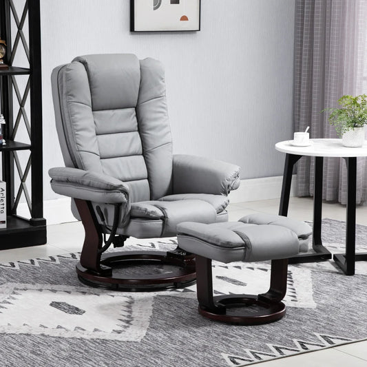 PU Leather Leisure Manual Armchair Recliner and Footrest Set with Swivel Wood Base - Grey