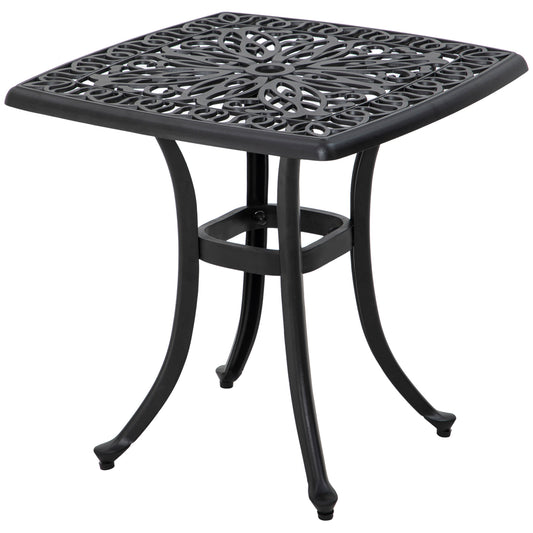Cast Aluminium Bistro Table, Outdoor Square Side Table with Umbrella Hole, Garden Table for Balcony, Black