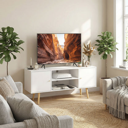 TV Stand Cabinet up to 55 Inches, TV Unit with Storage Shelves and Wood Legs for Living Room, Bedroom, White