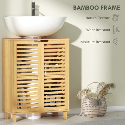 Under Sink Bathroom Cabinet, Freestanding Bamboo Under Sink Cabinet with Louvered Doors and Adjustable Shelf, Natural