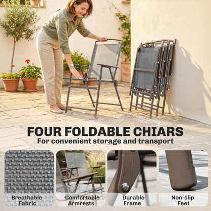 6 Piece Garden Dining Set with Umbrella, Patio Sets with Parasol, 4 Folding Dining Chairs, Dark Grey