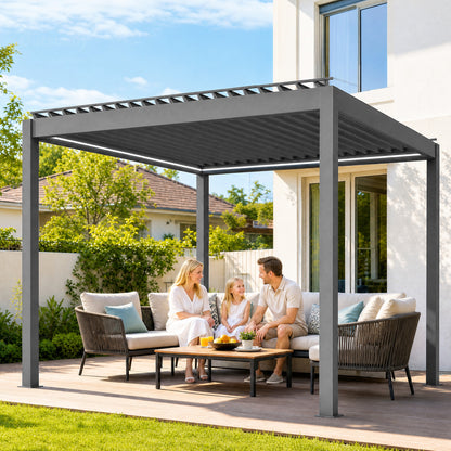 3 x 3(m) Electric Louvered Pergola with LED Lights, Aluminium Pergola Hardtop Gazebo with Remote
