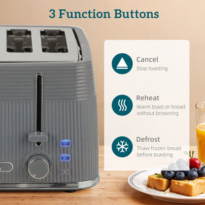 4 Slice Toaster with 7 Browning Levels, Bread Toaster with Removable Crumb Tray, Grey