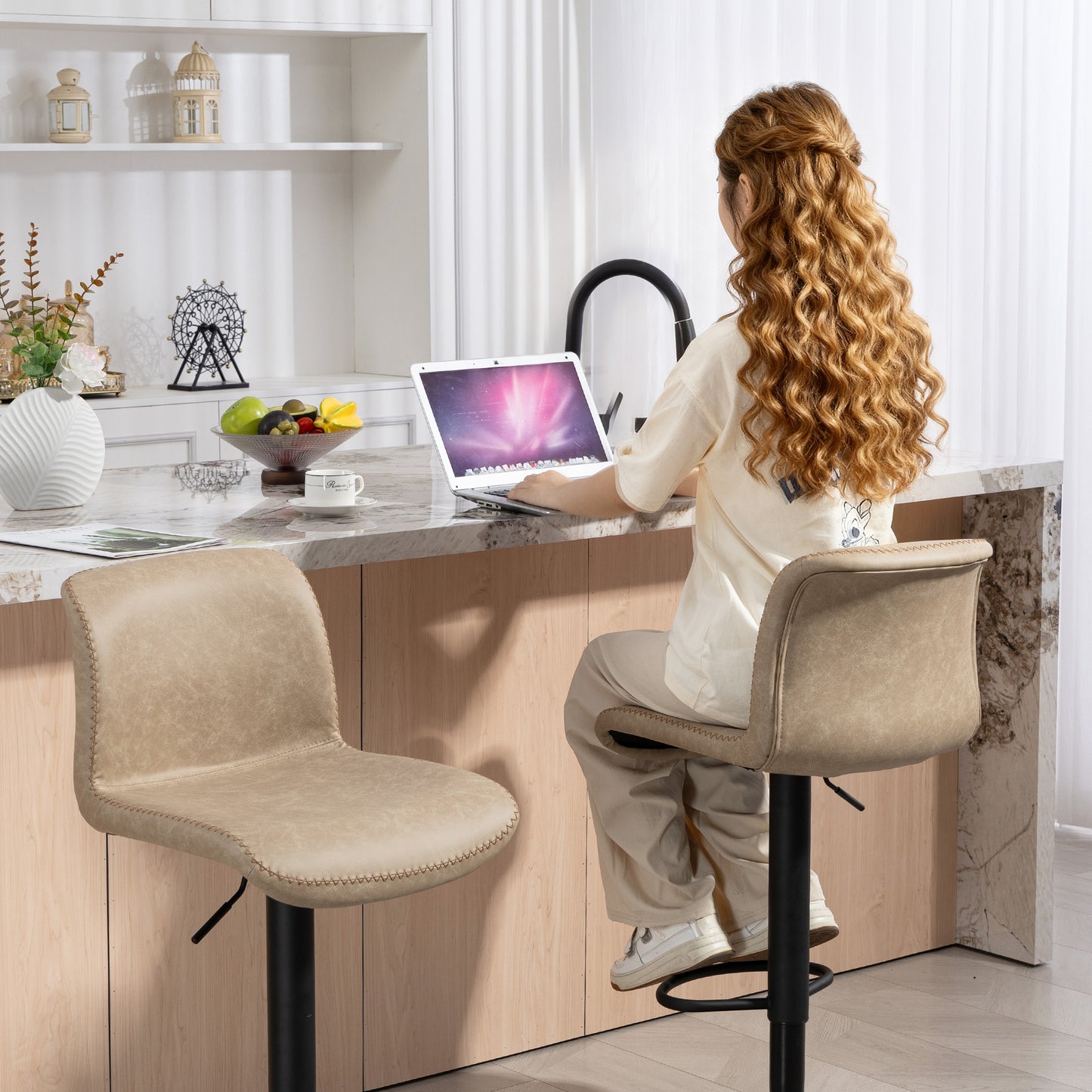 Bar Stools Set of 2, PU Leather Barstools with Backrest and Footrest for Kitchen, Counter, Breakfast Bar, Light Brown