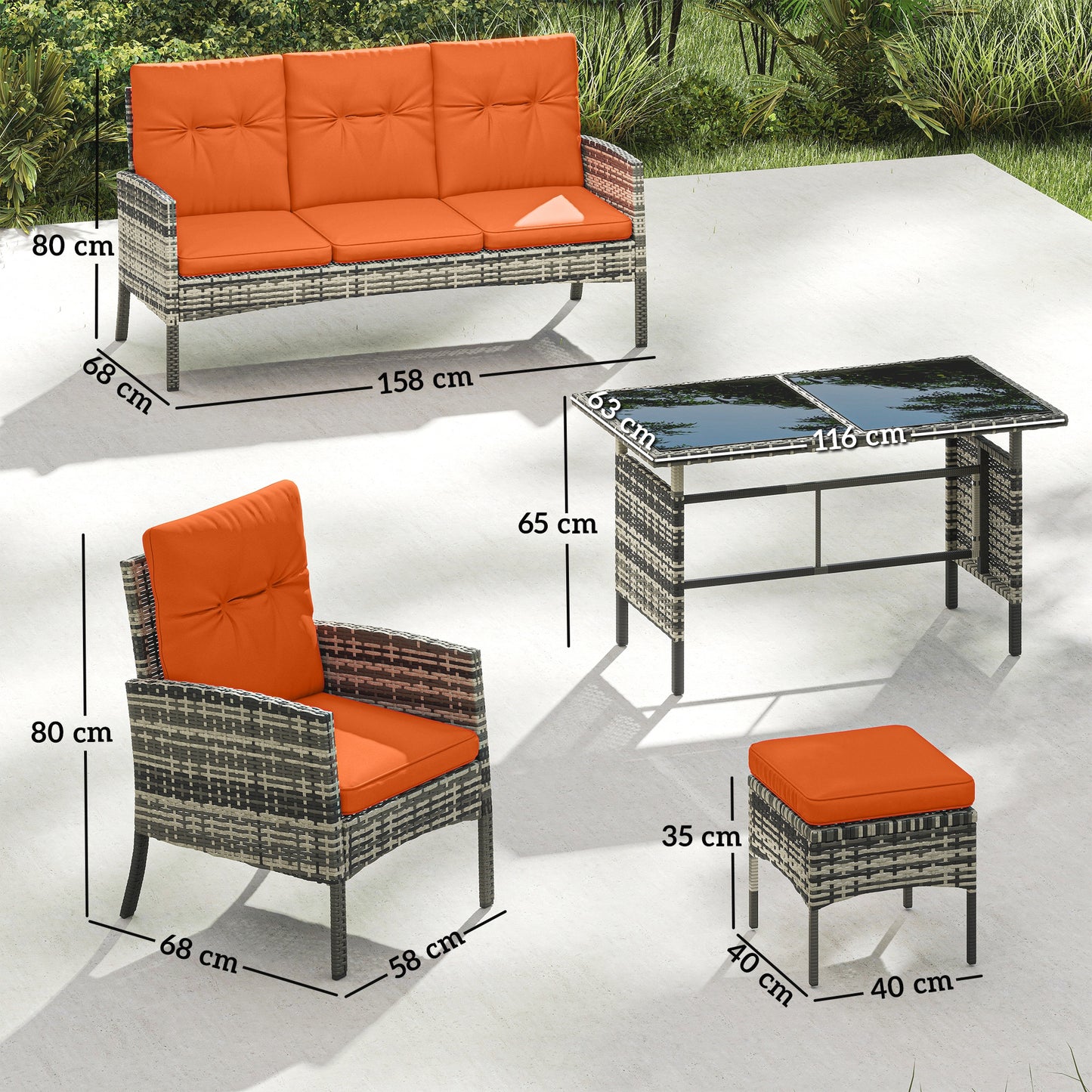 6 Pieces Rattan Garden Furniture Set with Dining Table and Cushions, Orange