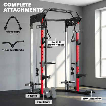 Power Cage, Power Rack with Adjustable Cable Pulley System, Pull-Up Bar, Dip Station, Landmine