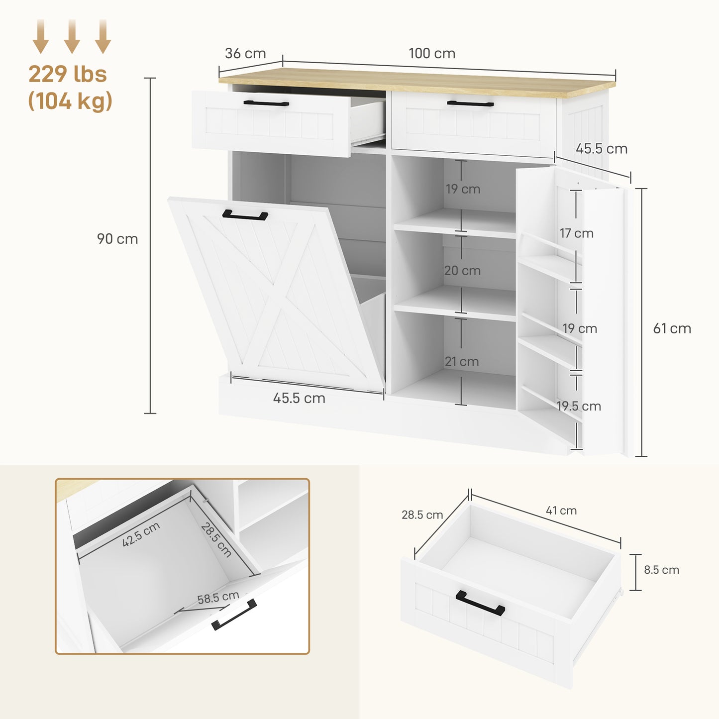 Sideboard with Tilt-out Trash Bin, Farmhouse Kitchen Sideboard with 2 Drawers, Adjustable Shelves, Door Racks, White