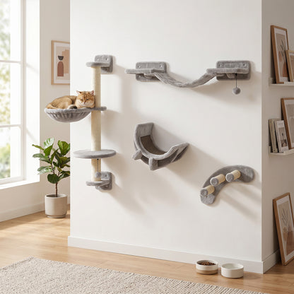 Four-Piece Cat Wall Furniture, with Hammock, Ladder, Platforms, Steps, for Indoor Use - Grey