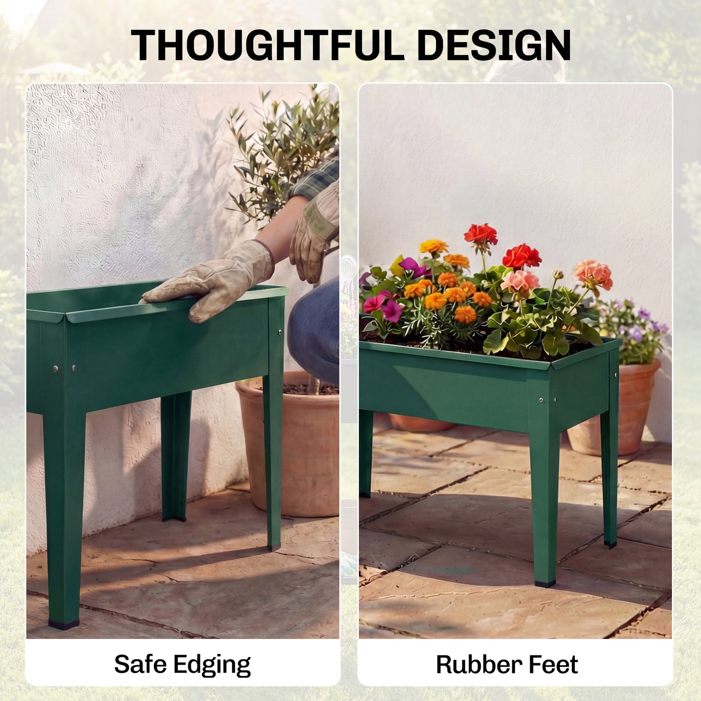 Raised Planter, Metal Raised Garden Bed on Legs with Drainage Hole and Foot Covers, Green