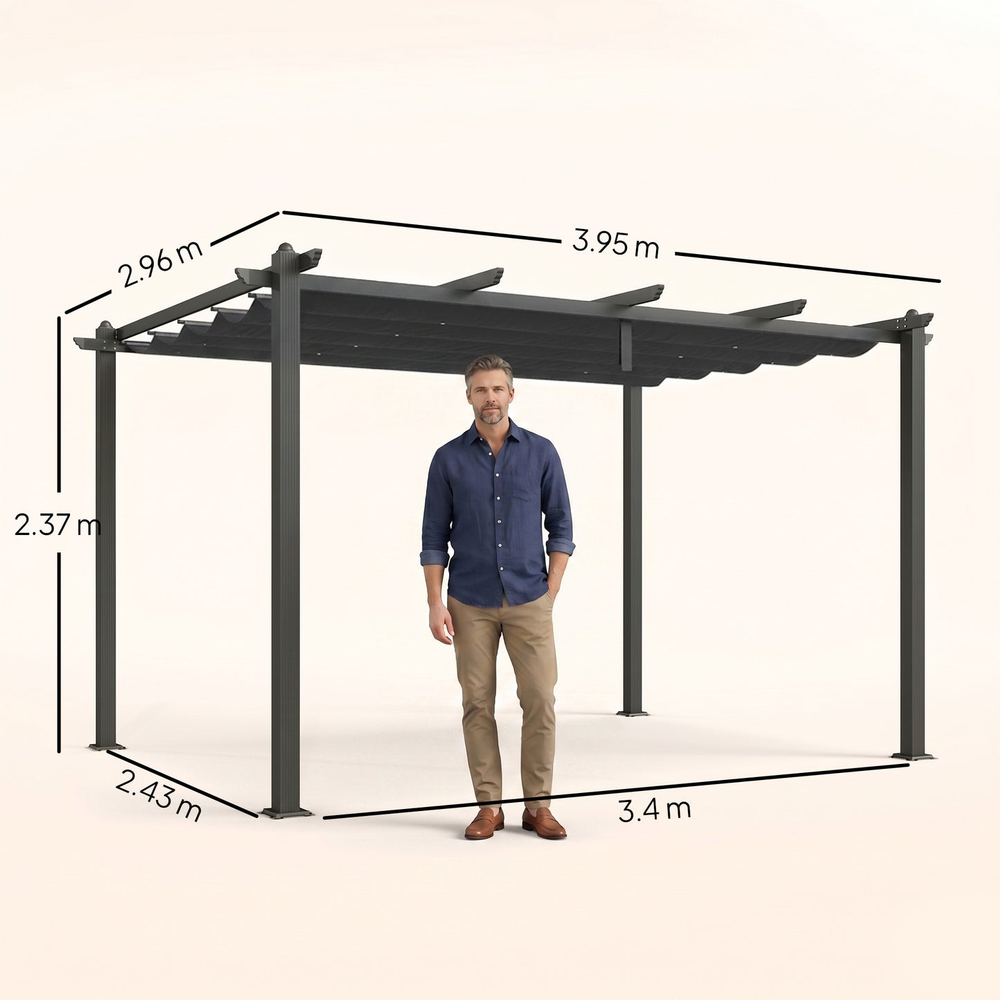 3 x 4m Aluminium Pergola, with Retractable Roof - Dark Grey