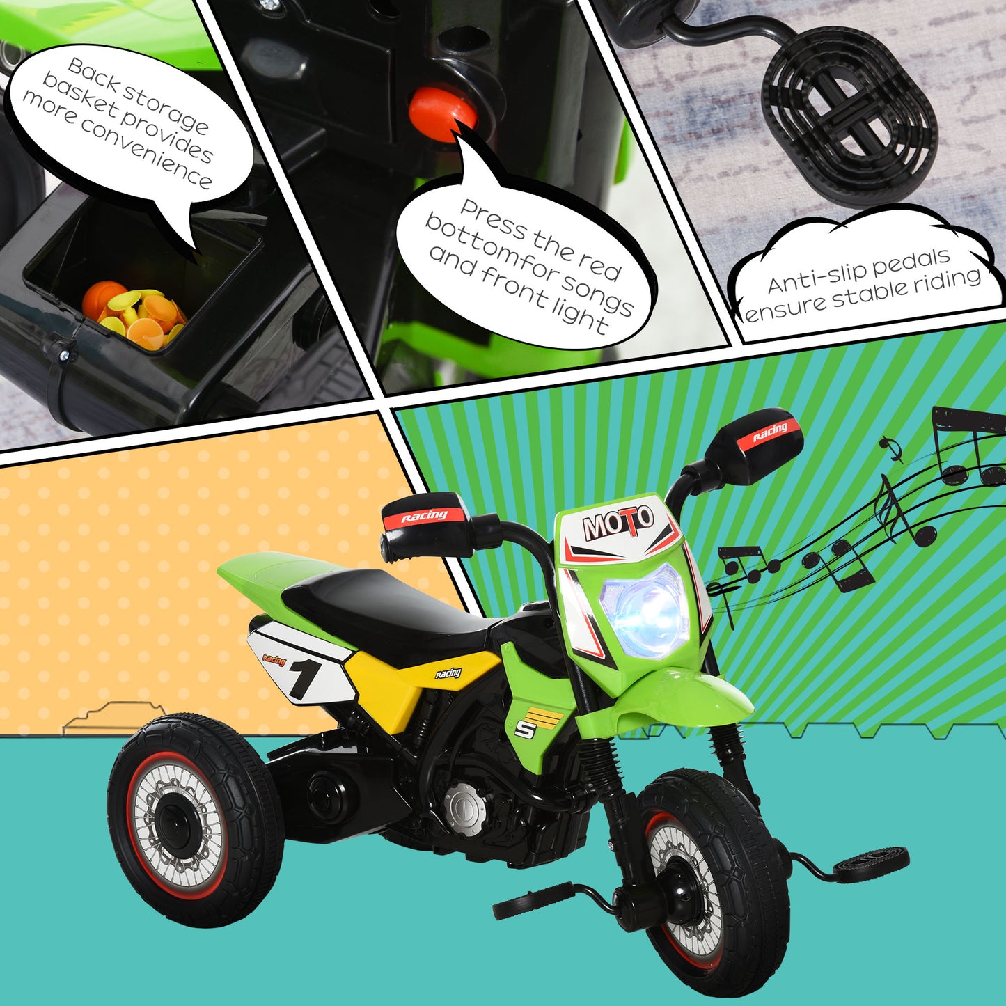 Trike for Kids, Toddler Pedal Motorcycle, Kids Ride On Tricycle Early Learning w/ Music Lights Handlebar Stickers Exercise Bo