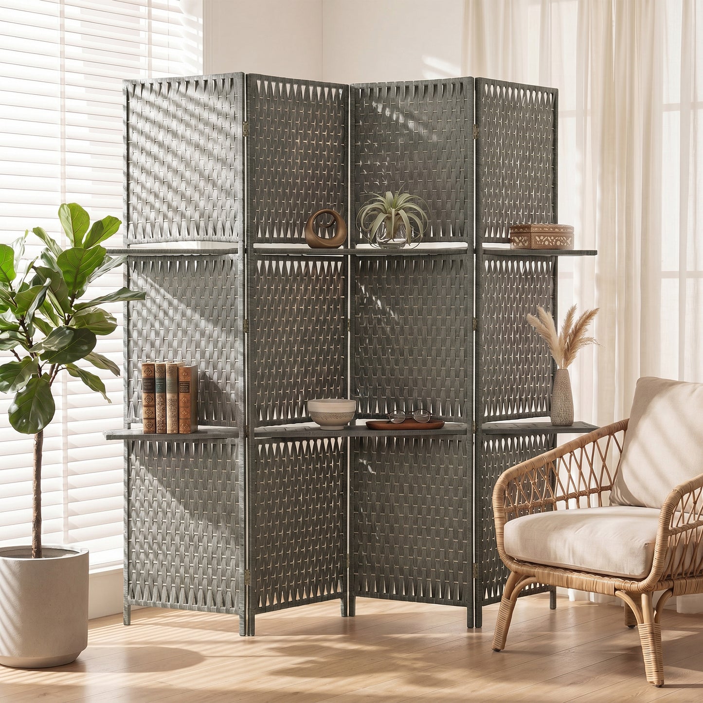 Wave Fibre Freestanding Folding Privacy Screen Panels, Room Divider, Grey