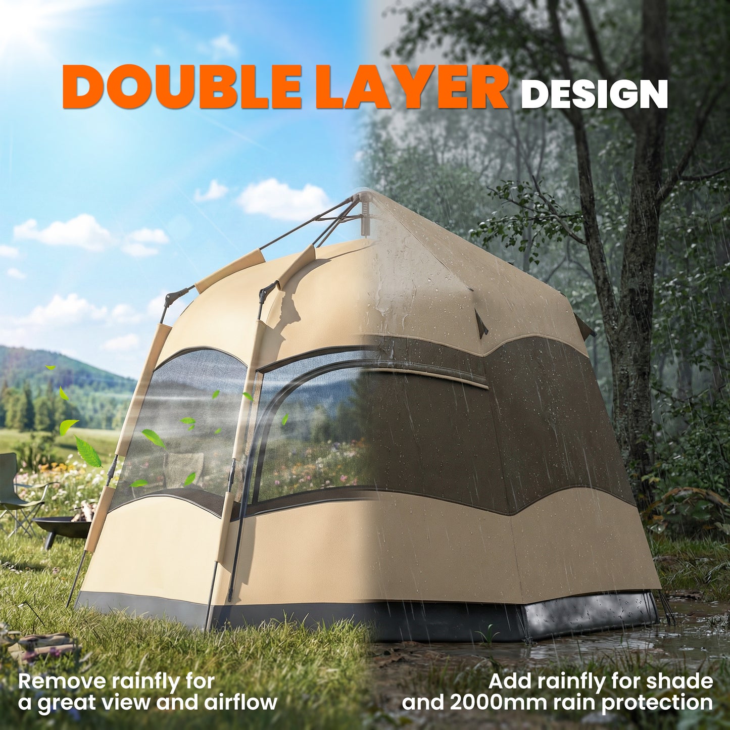 Double Layer Instant Pop Up Tent with Rainfly, Portable Camping Shelter with Sewn-in Groundsheet and Carry Bag, Brown