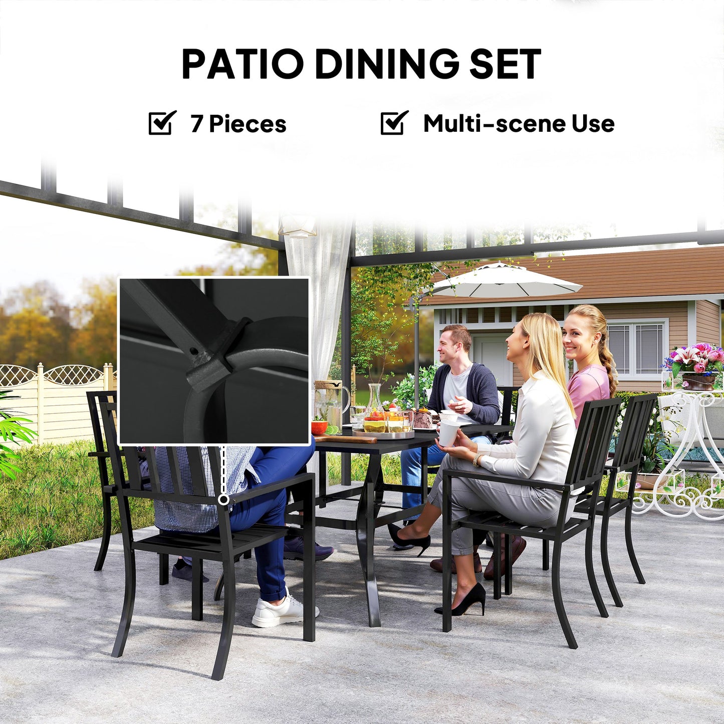 7 Pieces Garden Table and Chairs 6 Seater Outdoor Table and Chairs with Umbrella Hole, for Poolside, Garden, Black