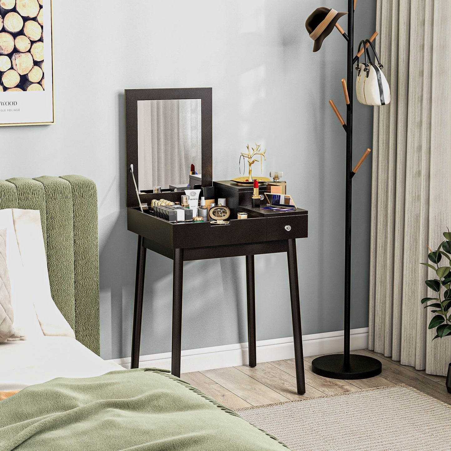Dressing Table with Flip-up Mirror, Makeup Desk with 2 Drawers and Pine Wood Legs