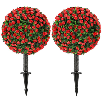 Artificial Rose Topiary UV Resistant, 2-Pack Fake Plants, 55 cm, Red