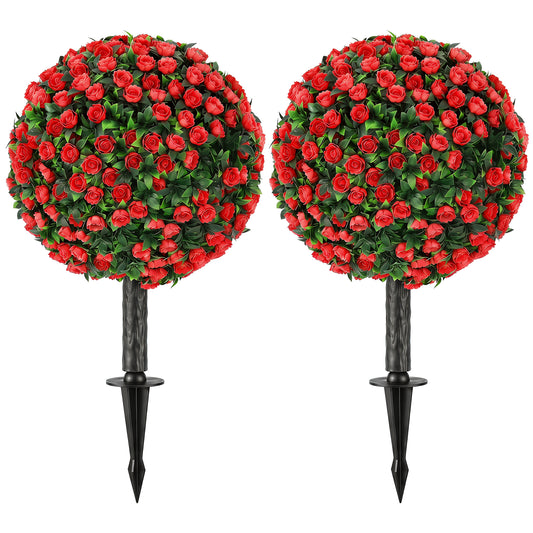 Artificial Rose Topiary UV Resistant, 2-Pack Fake Plants, 55 cm, Red