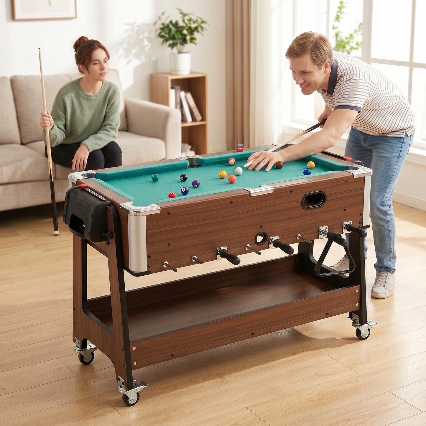 3 in 1 Multi Game Table, 3.4ft Reversible Air Hockey Pool Football Games Table with Lockable Wheels, Storage Shelf