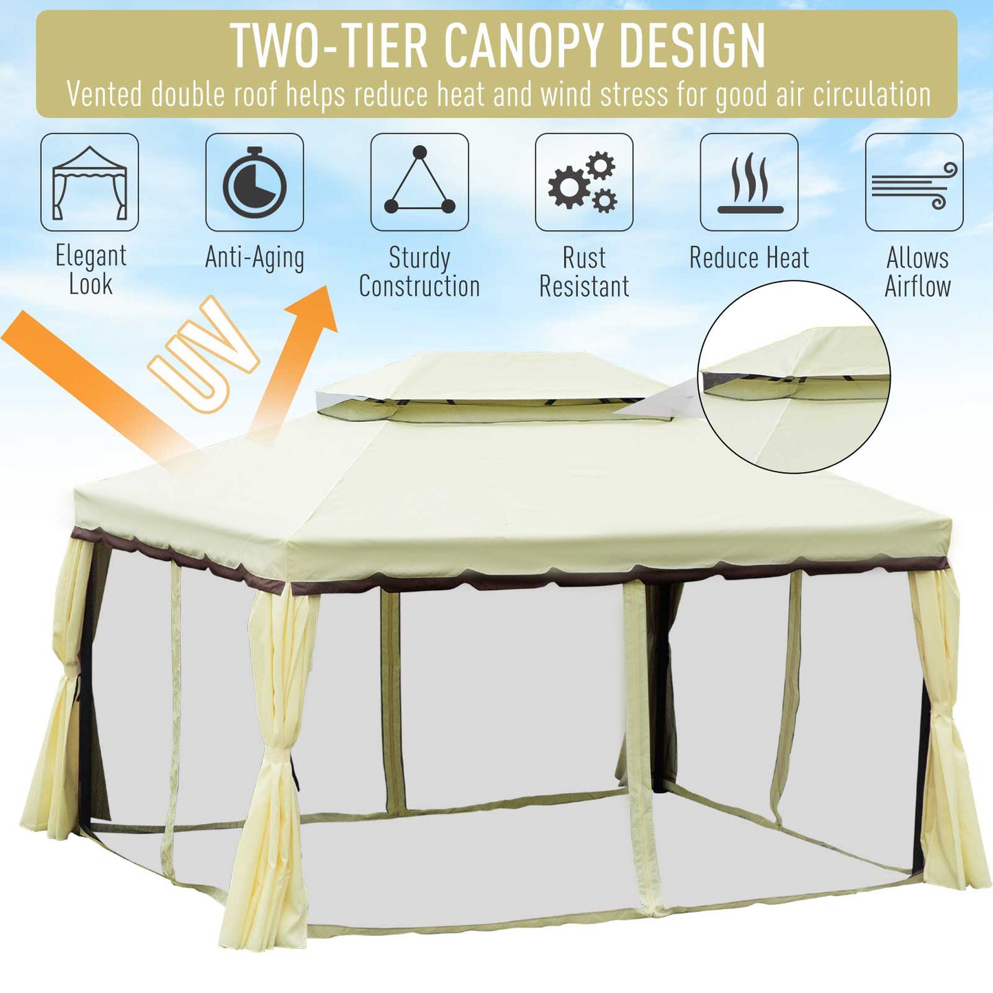 4 x 3 m Aluminum Garden Gazebo, Double Roof Outdoor Gazebo Canopy Shelter with Netting & Curtains for Garden, Lawn