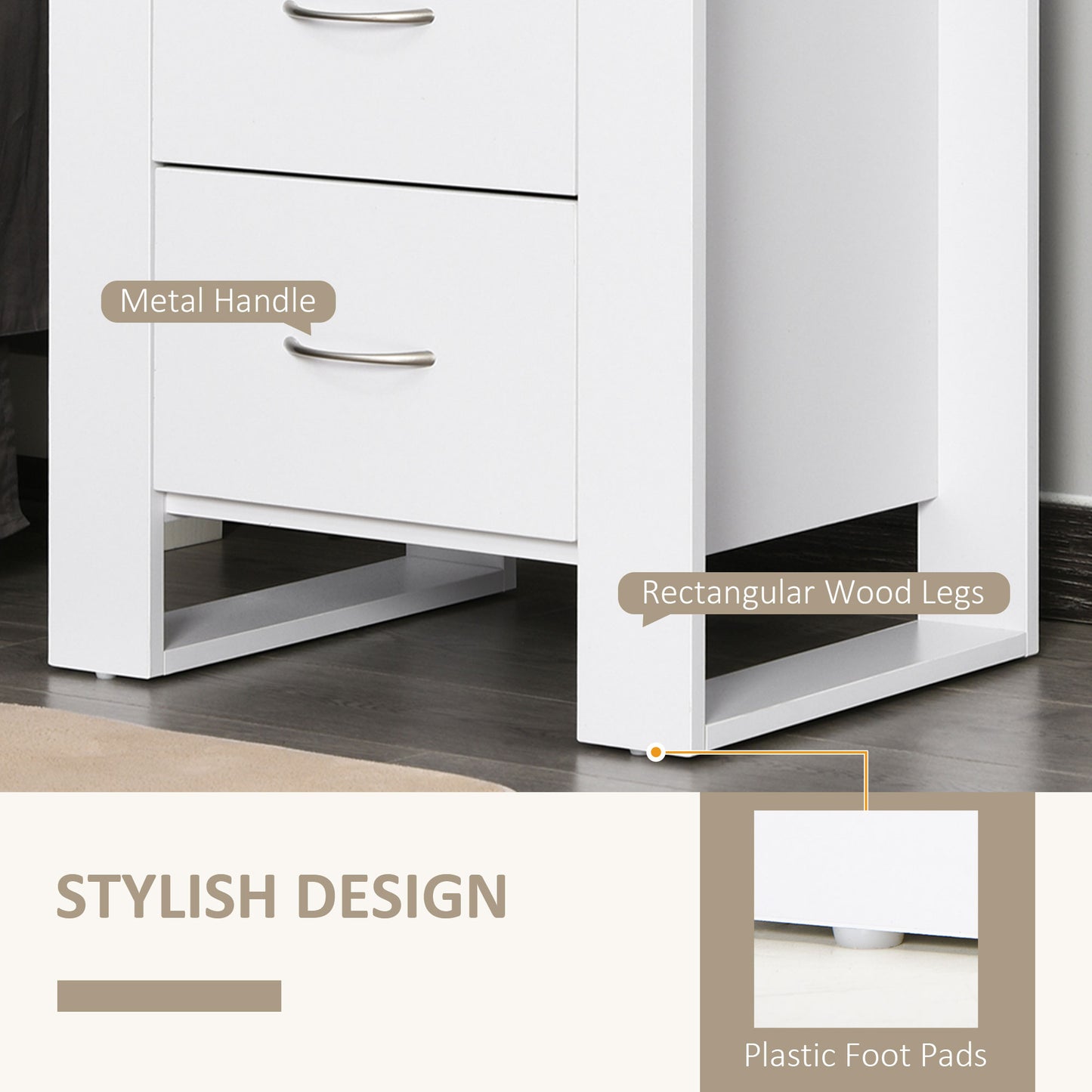 Bedside Table with 2 Drawers, Nightstand with Handles and Elevated Base, Side Table for Bedroom, Living Room, White